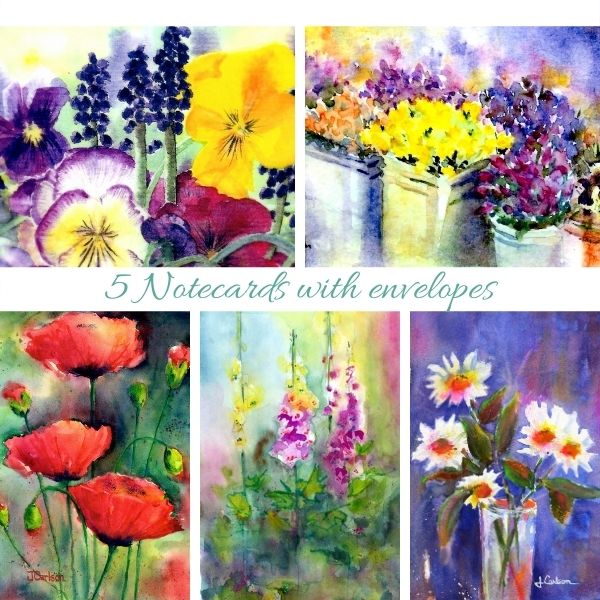 5 watercolor paintings of flowers by artist Jane Carlson